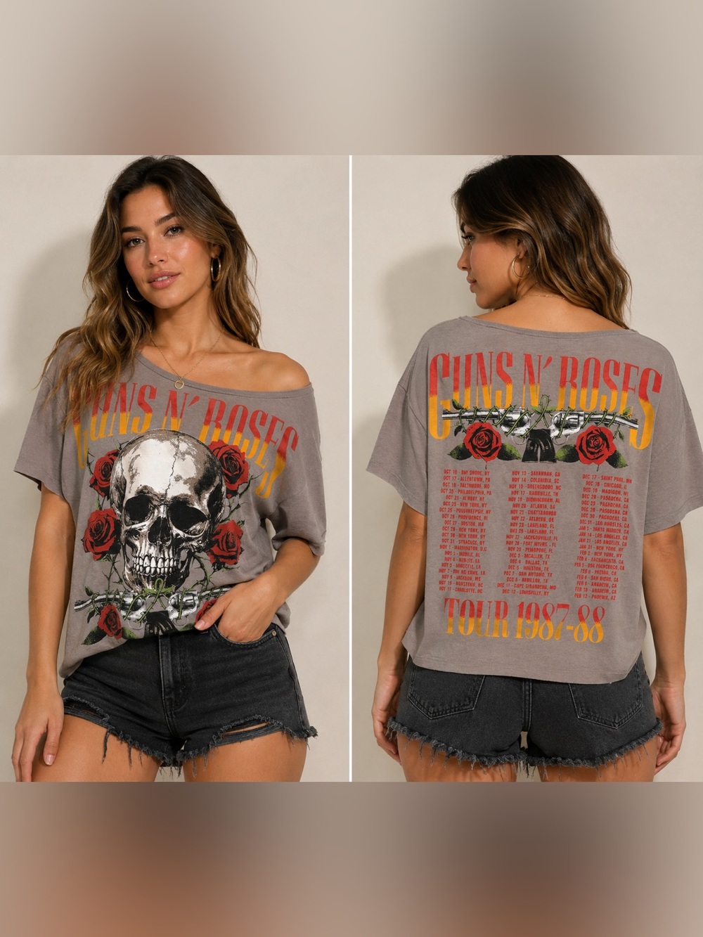 Guns & roses VINTAGE 1987 tour Off-Shoulder Gray Graphic Tour Tee size XL